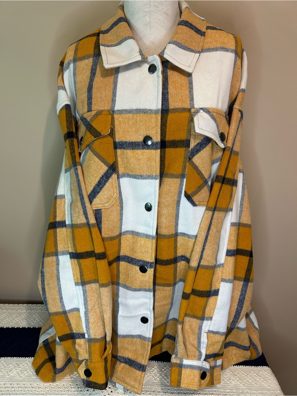 Plaid Shacket Jacket in Mustard, Navy blue, and White